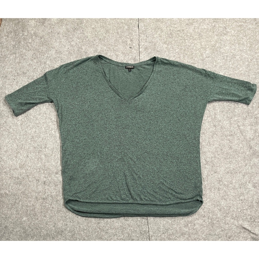 Express Womens Green Heathered V-Neck Knit Top Relaxed Fit Size L